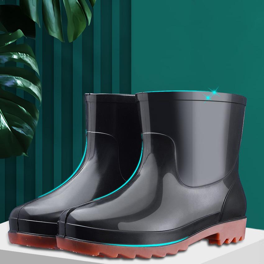 Men's Non-Slip Low Heel Round Toe Rain Boots with PVC Sole & Cotton Lining