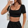 Summer Sports Casual Women's Cut-off Style Knitted High Elastic Short-sleeved T-shirt Tops