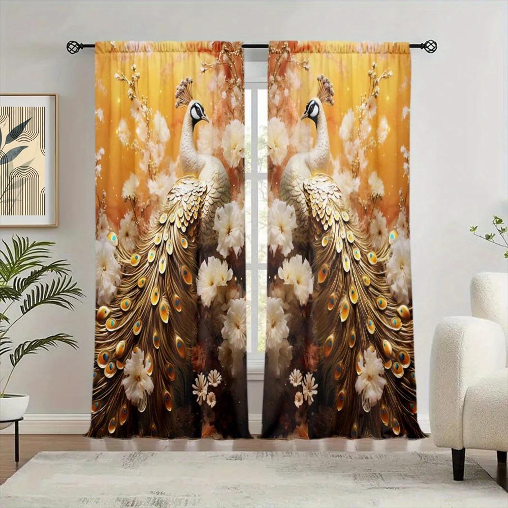 

2pcs Elegant Floral Peacock Curtain Room Darkening Polyester Home Decor Holiday Window Rod Pocket Curtain 100*130 Grommet Top 1pcs