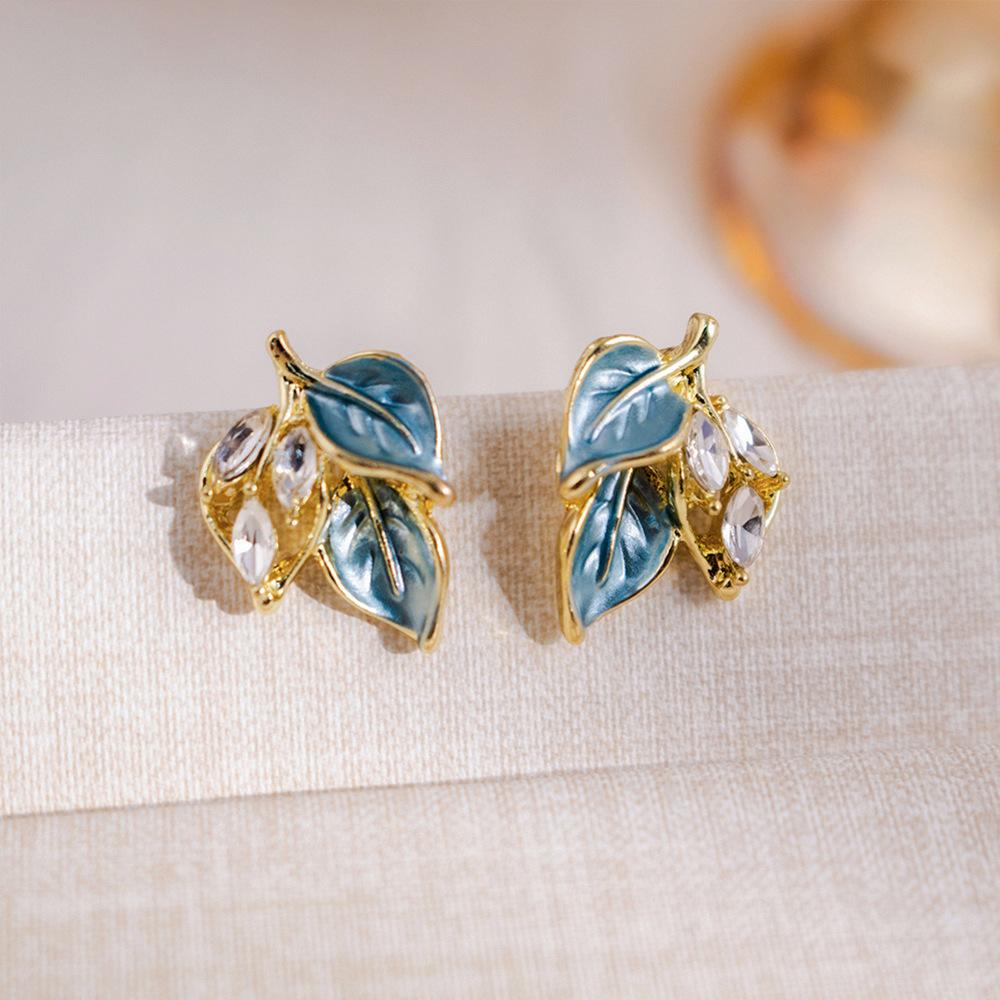 Blue Unique Leaf Earrings, Fashionable Small Fresh Earrings, Niche Light Luxury High-End Versatile Earrings