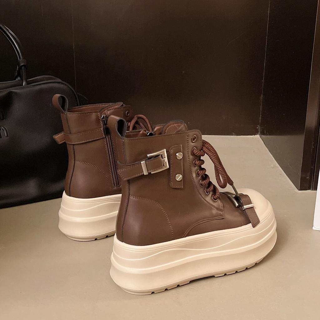 Simple Lace-up High-top Shoes Casual Board Shoes Women's Autumn and Winter Fashion Thick-soled Heightening Flat-soled Sports Shoes White Shoes Tide