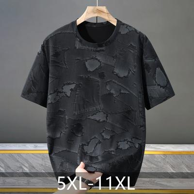 Men's Plus Size Denim Patch Print T-Shirt – Textured Short Sleeve Casual Tee (Sizes 5XL-11XL) for Summer Streetwear