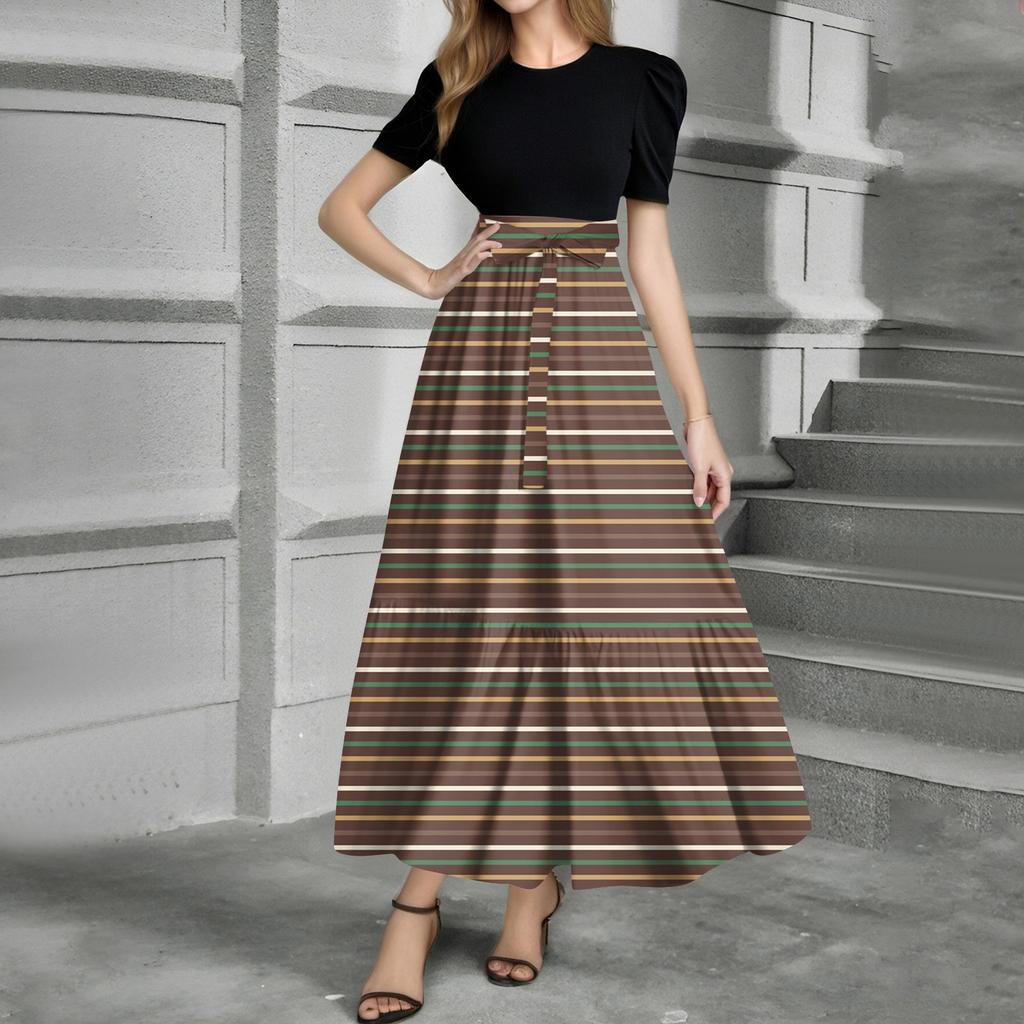 Women's Fashion Casual Belt Short Sleeve Round Neck Print Stitching Elegant Temperament Dress