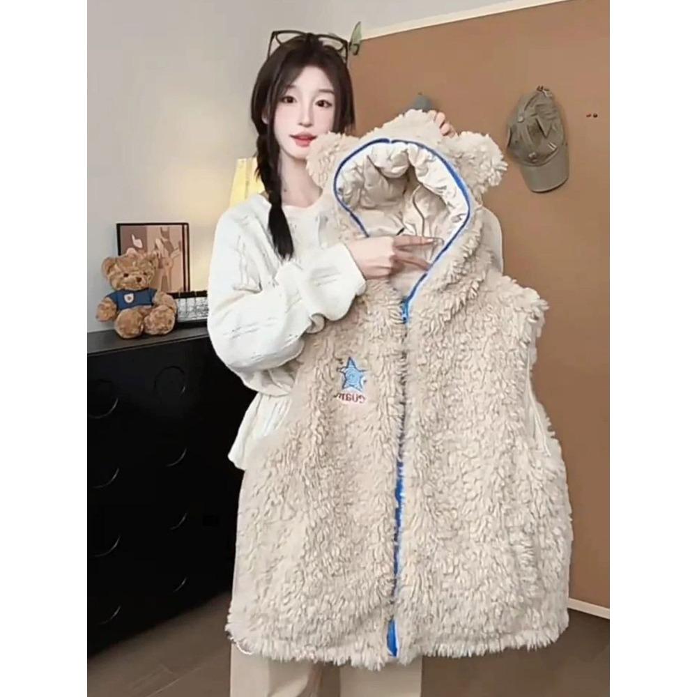 Women Winter Thick Cotton Vest with Hood Cute Bear Ears Casual Warm Waistcoat for Petite Short Girls