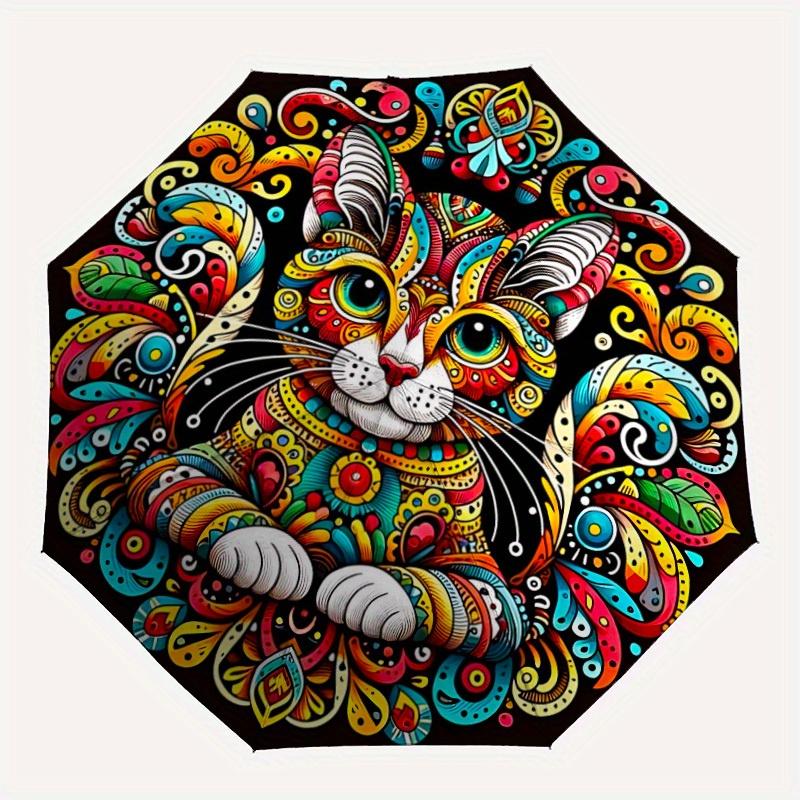 

1pc Cat Mandala Automatic Folding Umbrella, 8-Rib Sturdy Canopy, Portable Travel Umbrella for Outdoor Use,105