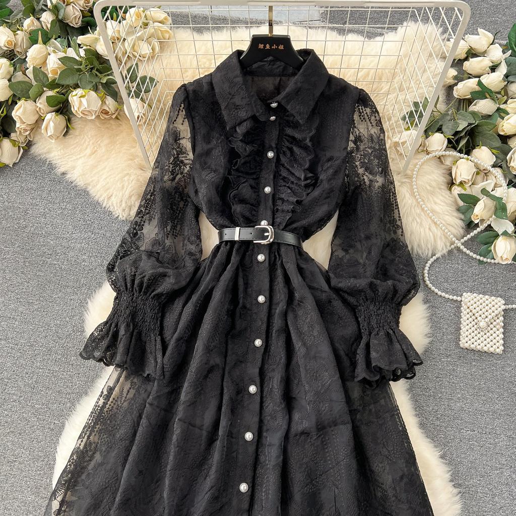 Women's Heavy Embroidery Ruffles Slim Fit Long Lace Dress