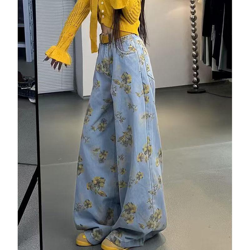 Florale Wide Leg Jeans für Damen Locker Hohe Taille Lässige Damenhosen Mode Denim Hosen 2026