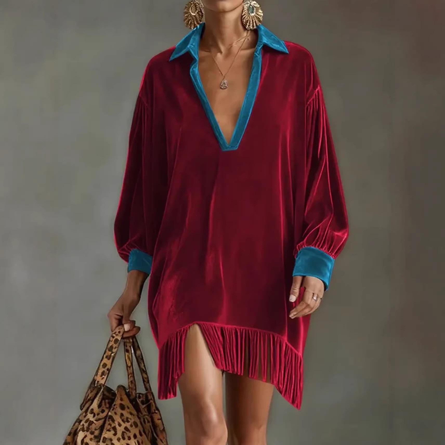 

Платье с длинным рукавом в стиле ретро с цветовыми блоками и бахромой, с карманами, 2026 M красный