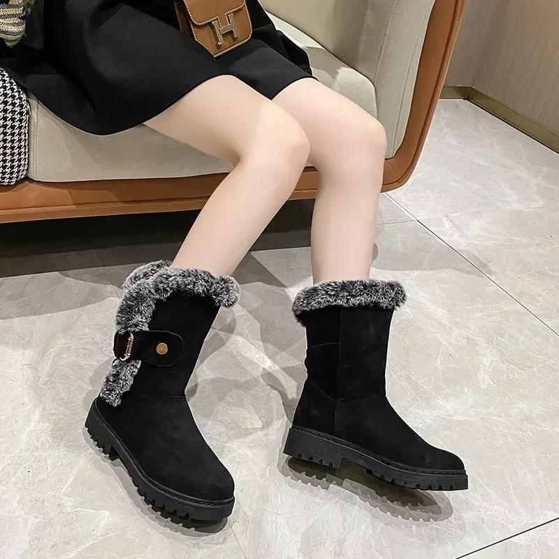 Fashion Luxury Designer Faux Suede Ankle Boots Women Winter Mid Calf Chelsea Boots Fur Shoes Warm Short Plush Flat Snow Goth Botas Mujer