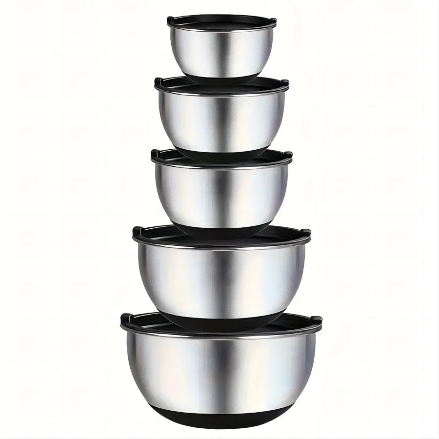 5pcs Mixing Bowls, Stainless Steel Nesting Bowls with Sealed Lids, Non-Slip Bottom, 1.5/2/2.5/3.5/4QT, Suitable for Food Storage