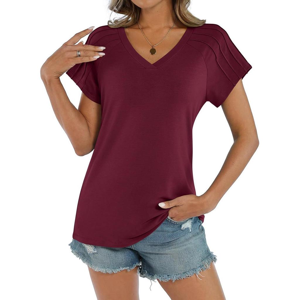 Women's Casual T-shirt Loose Basic V-neck Pleated Short-sleeved Top