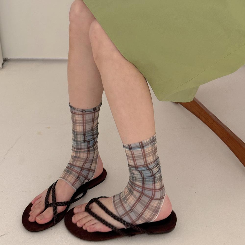 Women Solid Polyester Vintage Plaid Mesh Medium Tube Socks Thin Breathable Hollow Out Summer Sunscreen Outdoor Casual Stockings One Size
