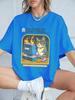 Cat Playing Computer Games Printed TShirts Womens Summer Cotton Short Sleeve T Shirt Loose ONeck Soft Tops Basic Woman Clothes