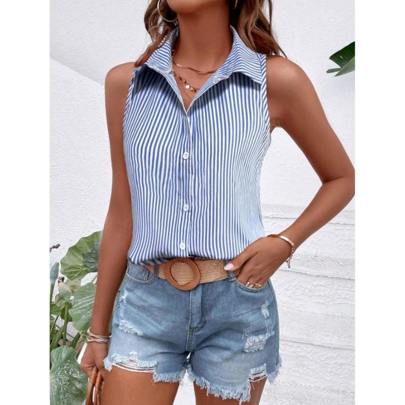 

New Striped Print Women s Fashion Sleeveless Shirt Tops S синій