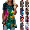Women's Round Neck Short Sleeve Geometric Print Tunic Top Casual Asymmetrical Hem Blouse