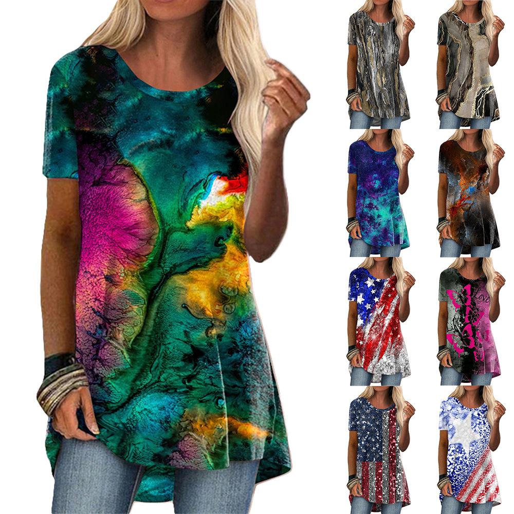 Women's Round Neck Short Sleeve Geometric Print Tunic Top Casual Asymmetrical Hem Blouse