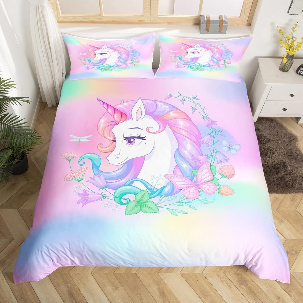 Unicorn Bedding Set Full QueenCartoon Rainbow Animal Comforter Cover Kids Girls Glitter Unicorn Duvet Cover Kawaii Quilt Cover