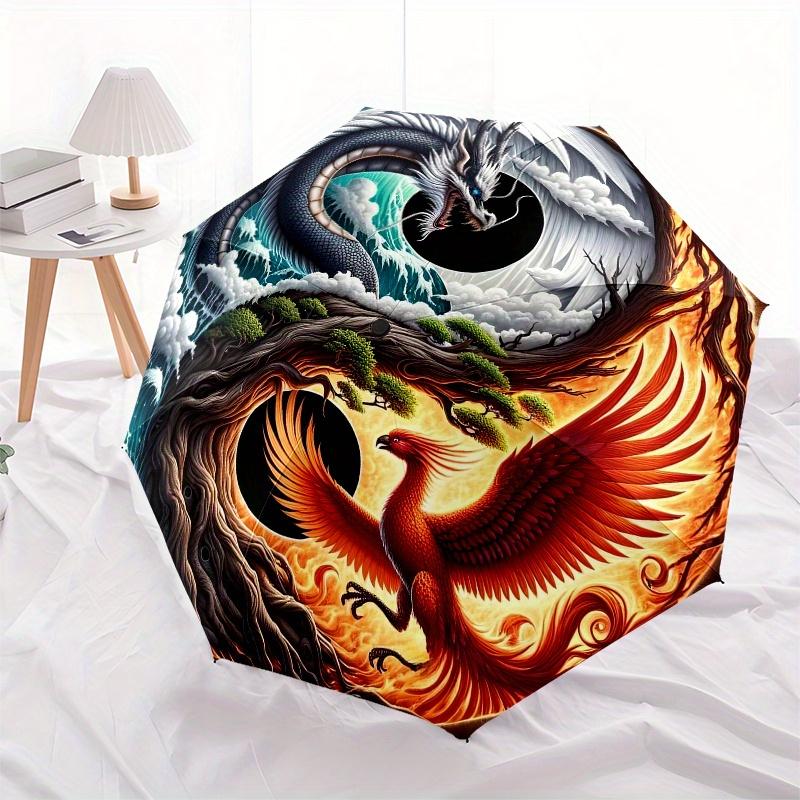 Yin Yang Dragon Phoenix Circular Art PrintUmbrella, Portable 3-Fold Compact Umbrella for Men & Women Gift