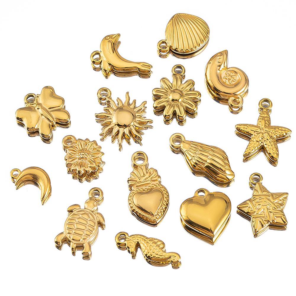 2pcs Stainless Steel Gold Plated Ocean Star Flower Shell Moon Charms for DIY Boho Earring Jewelry Material Making Pendant Supply