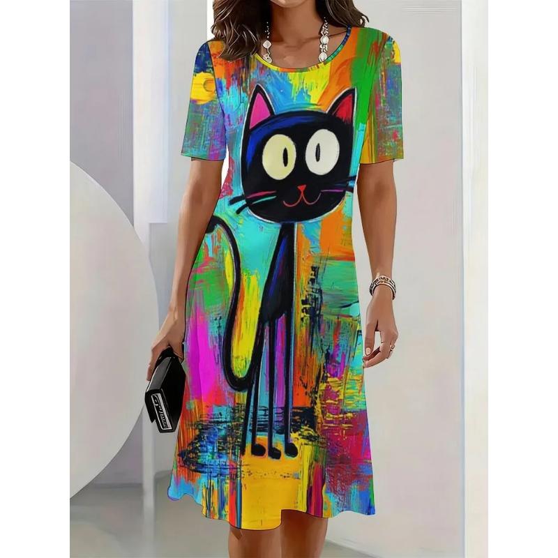 Comfortable Soft DressPatterns Women Mini Dresses Summer Short Sleeve Printed Plus Size Casual S