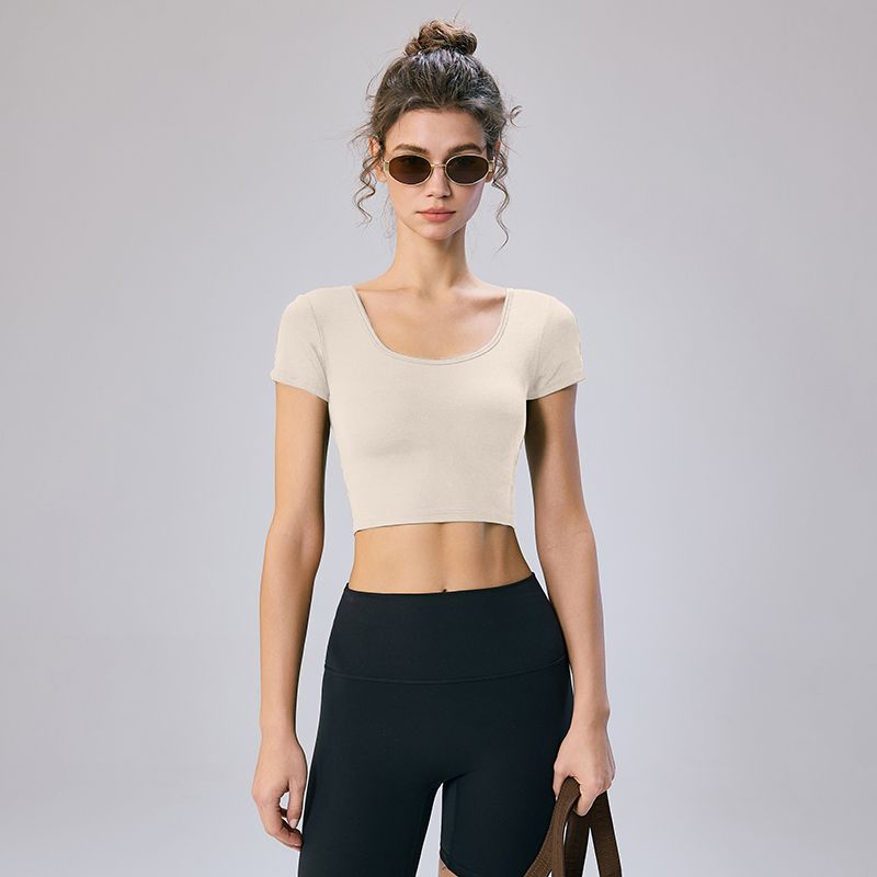 Mitaogirl Kendall Wind Sports Top Women Short Backless Fitness Yoga Clothes Summer With Chest Pad Short Sleeve T-shirt