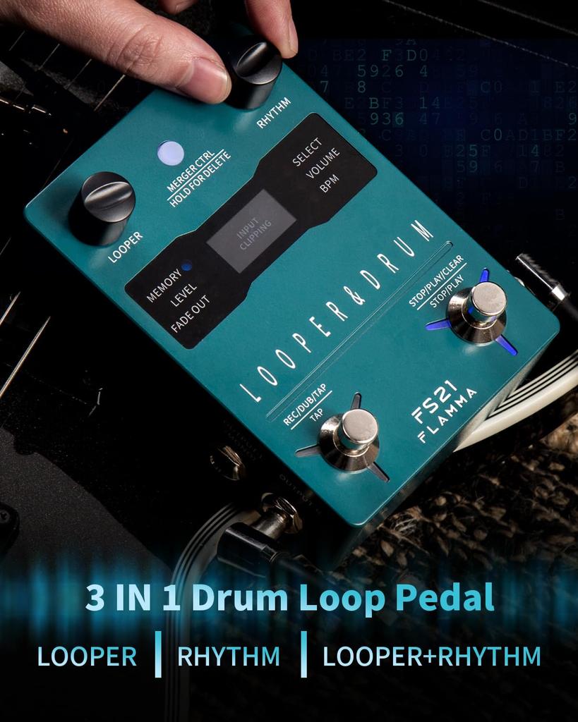 FLAMMA FS21 Drum Machine Looper Pedal, 160 Minuten Aufnahmekapazität, 100 Drums mit Groove-Unterstützung, Software-Bearbeitung, externe Fußschaltersteuerung, Grün