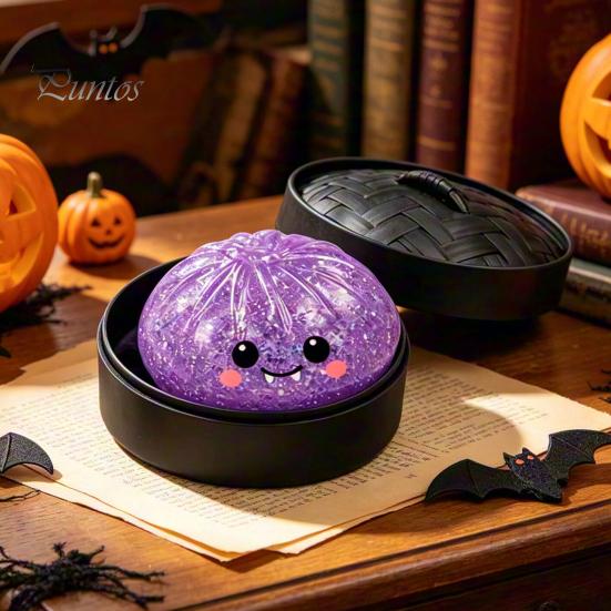 Gedämpftes Brötchen Sensorisches Spielzeug Halloween Knödel Quetsche mit Dampfgarer Box, Kürbis Geist Fledermaus zur Stressbewältigung, Party Mitgebsel Ball