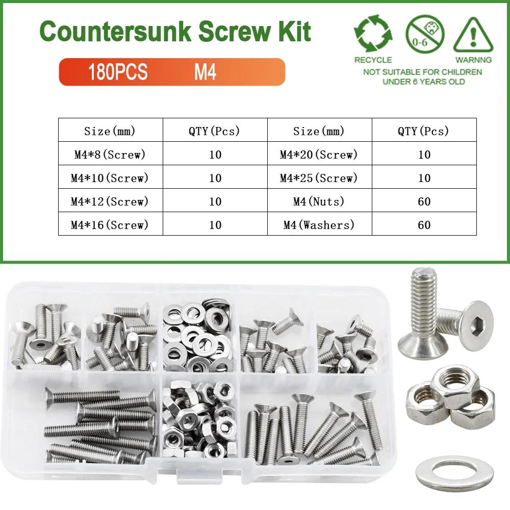 M2 M3 M4 M5 M6 304 Stainless Steel Screw Bolt Nut Washer Kit Countersunk Machine Screws Gasket Hex Allen Nuts Set Assortment
