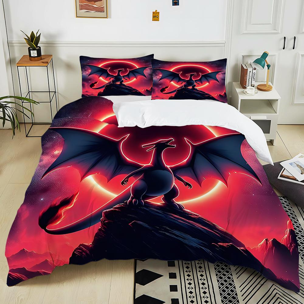 10 Sizes Pokémon Charizard Printed 3PC Bedding Set Duvet Cover  Adult Kids Birthday Gift Full Size Bedding Set Luxury for Gifts