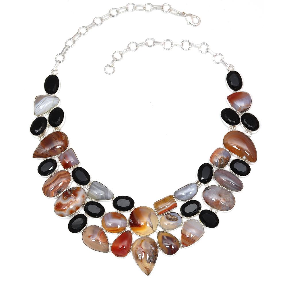 Red Botswana Agate  Black Spinal Jewelry Necklace Set 16-18''
