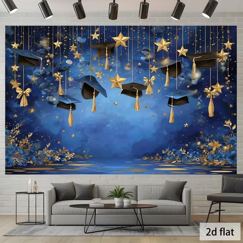 2D Blue Gold Graduation Cap Backdrop Stars Photography Background 47.2x31.5inch/120*80cm