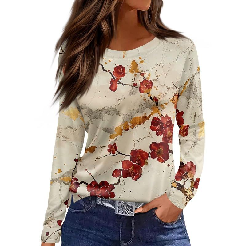 T-shirt décontracté pour femmes, imprimé Floral en 3D, col rond, rétro élégant, manches longues, mode femme, pull à manches longues