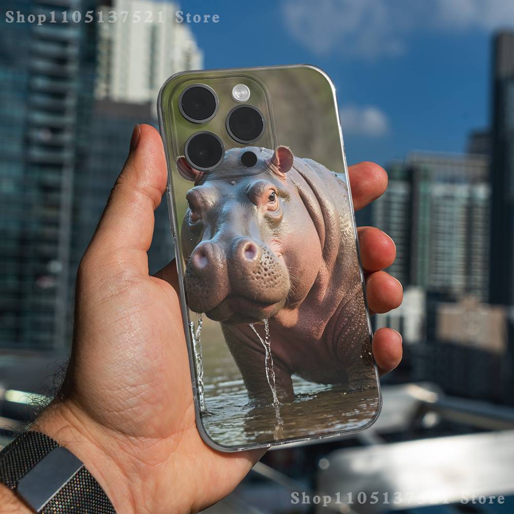 Cute Hippo Hippopotamus Phone Case For iPhone 16,15,17,12,13,14,11 Max,Pro,Plus,X,XS,XR,SE4,E Mini Transparent Cover