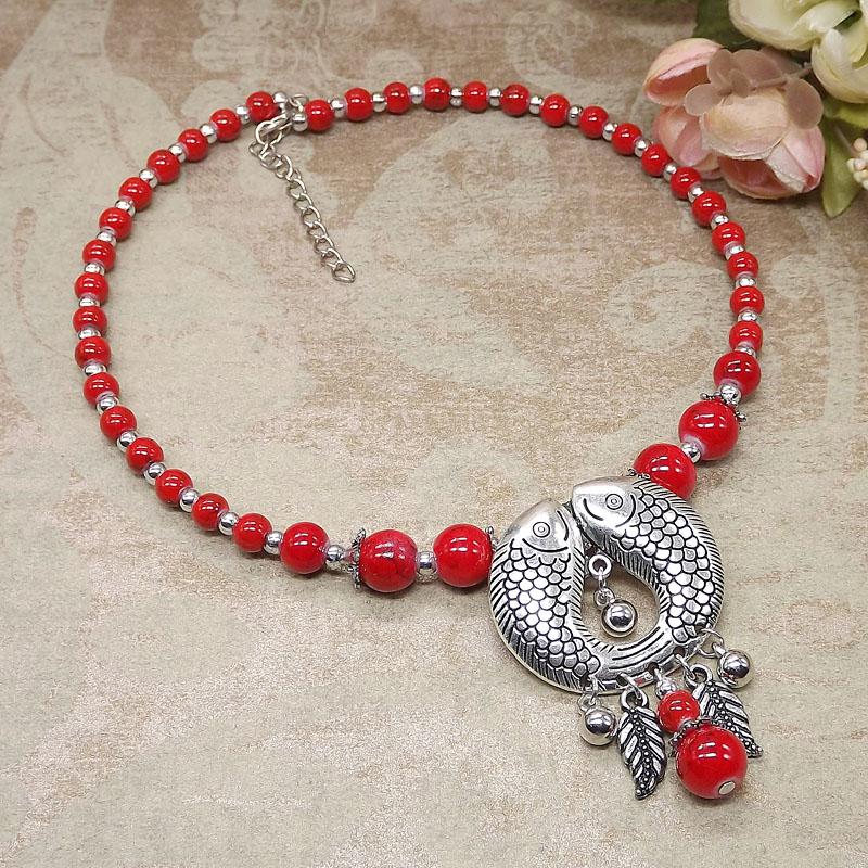 

Женские цыганские циркониевые богемные этнические красные кулоны из натурального камня ожерелья металлические тибетского серебряного цвета цепочка ожерелье для женщин