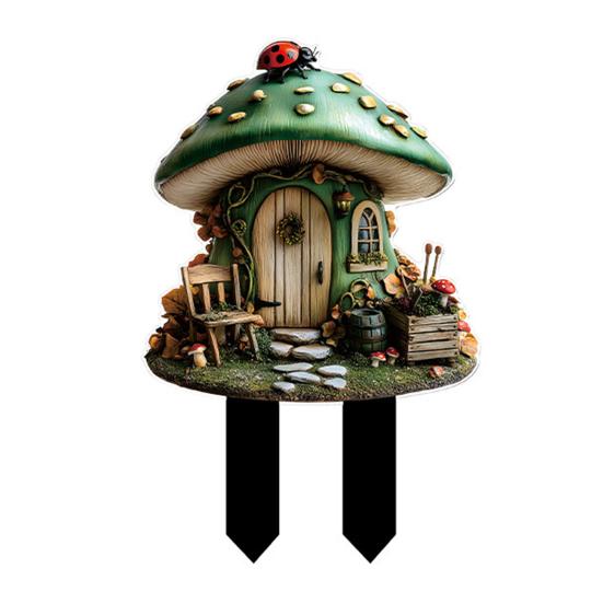 Elf Hut Garden Stake, 2D Acrylic Fairy Tale Cabin Decoration, Cute Mushroom House Yard Art Stake, Waterproof Outdoor Decor for Garden E