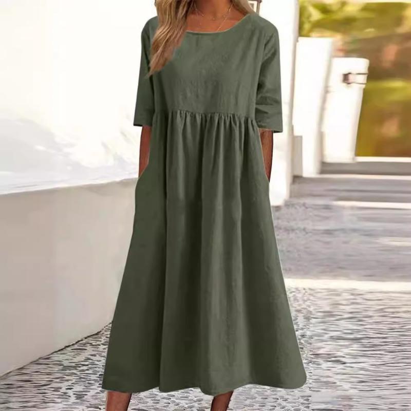 2025 Kurzarm Lockerer O-Ausschnitt Sommer Plissee Kleid Damen A-Linie Partykleider Mode Damenkleid Elegant Schlicht Einfarbig Kleidung