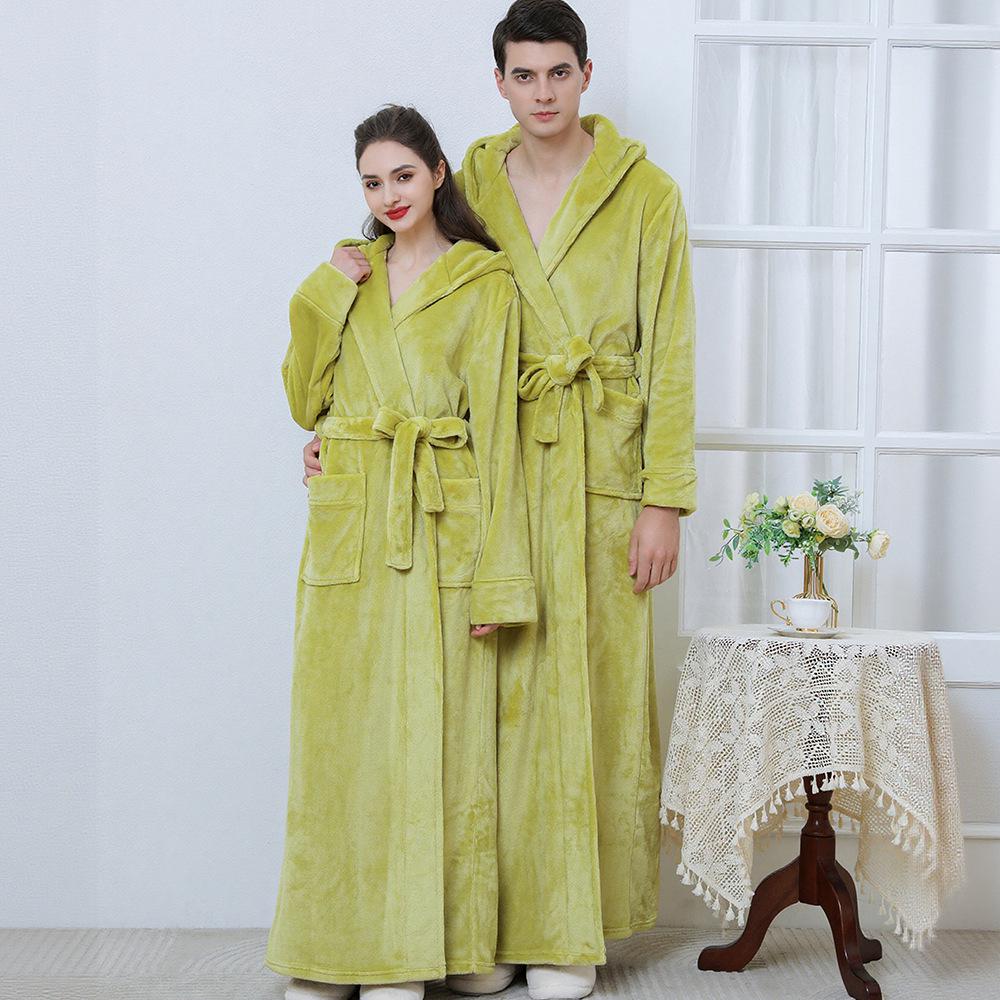 Matching Couple Hooded Flannel Bathrobes - Thick, Long Coral Fleece for Autumn/Winter