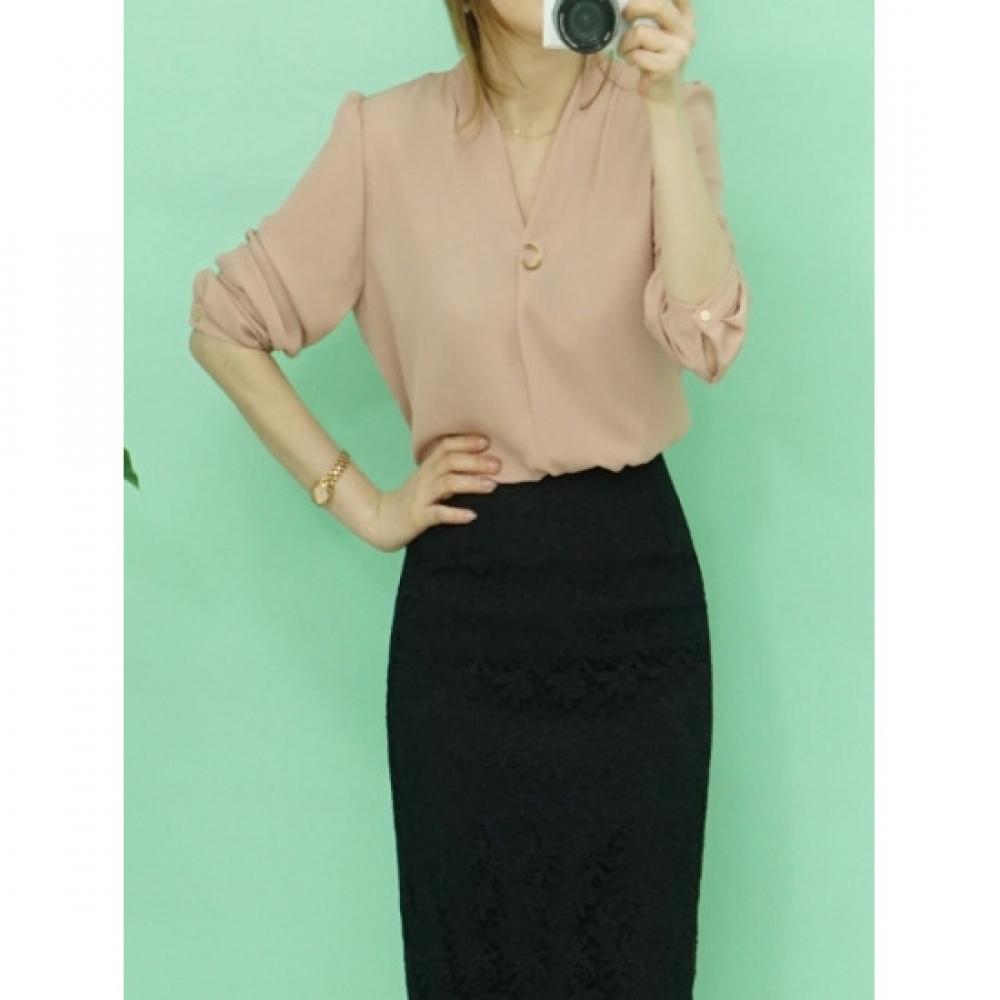 Style Latte Women V NeCk Long sleeVe Chiffon Blouse Gold C buCkle