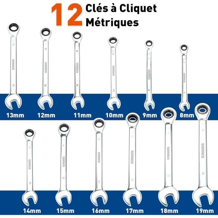 Clé plate à cliquet - sorako - 12 pièces - acier chrome-vanadium - sac de rangement - 8-19 mm