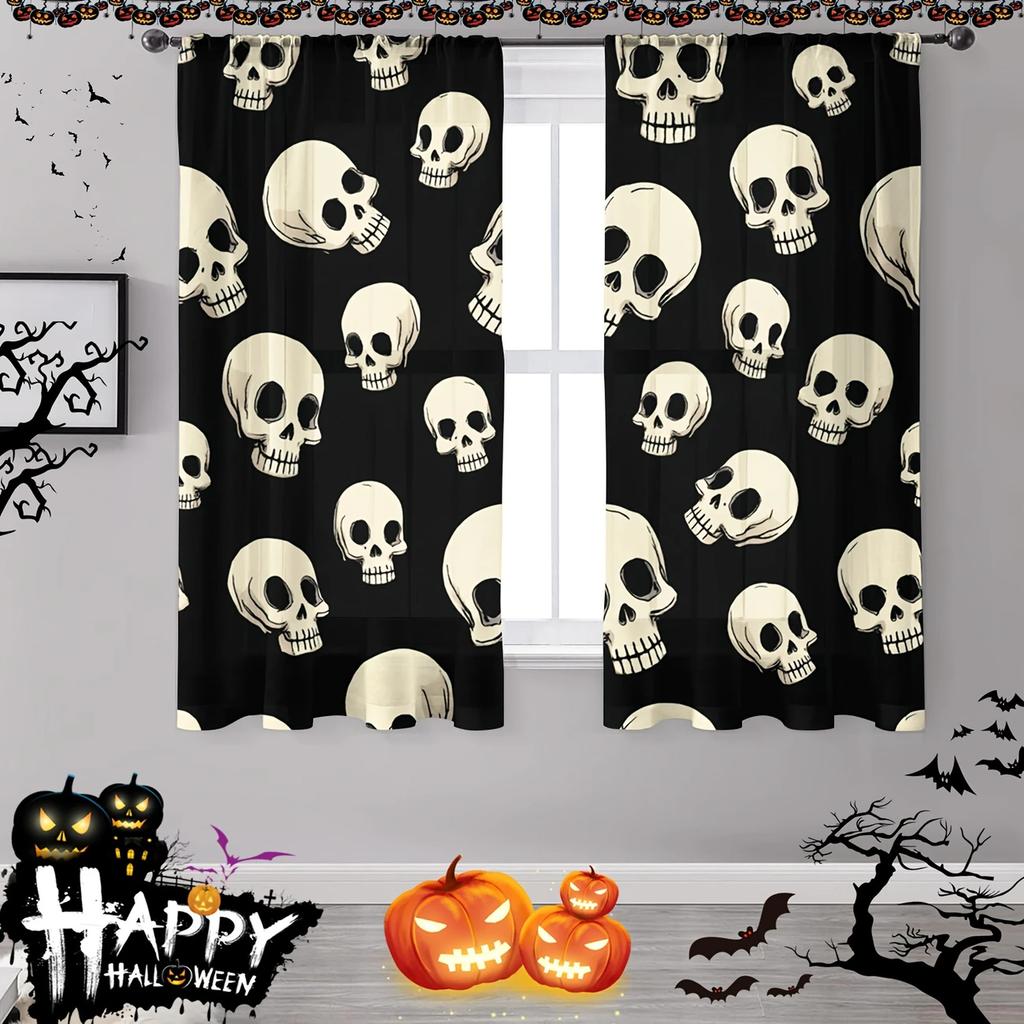 2 Stück - Halloween Gothic Stil Totenkopf-Print Vorhänge Stangentaschenvorhänge Heimdekoration Zimmerdekoration