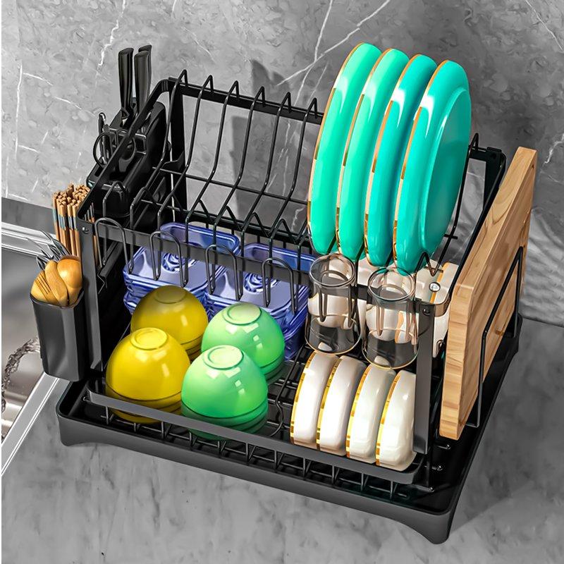 2 Tier Dish Racks for Kitchen Counter Dish Drying Rack with Dish Drainer Durable Stainless Steel Dish Rack Drain Set