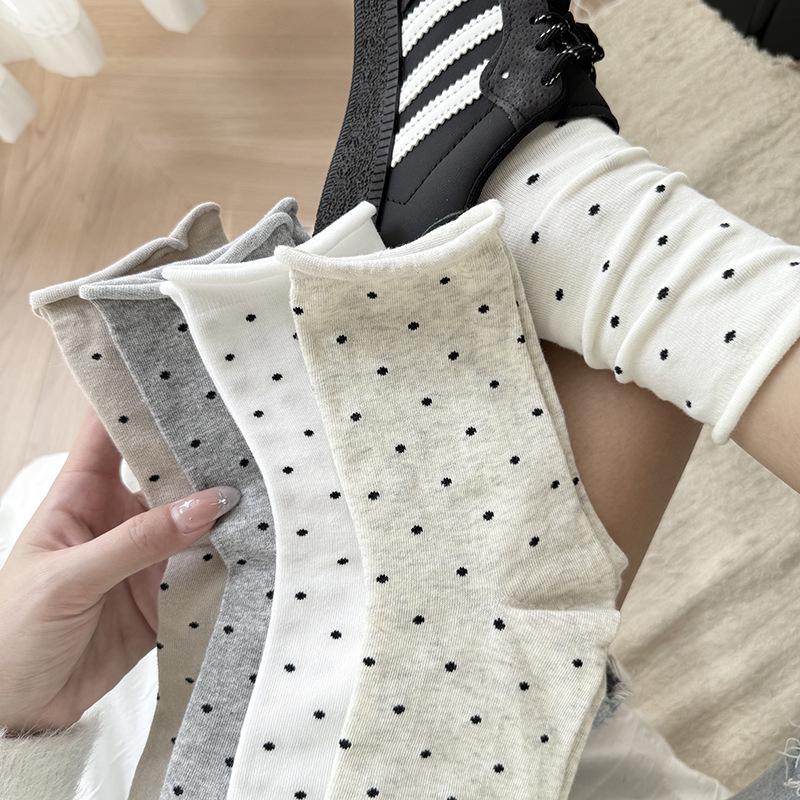 Zhuji Women's Pure Cotton Polka Dot Slouch Socks, Rolled Edge, Breathable, Soft, Loose Cuff, Versatile Mid-Calf Postpartum Socks.