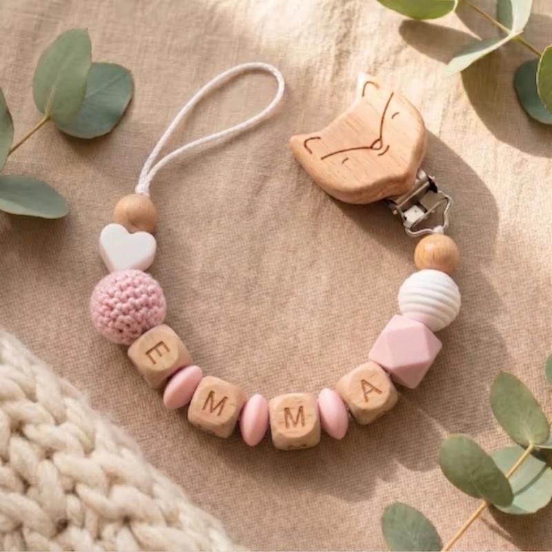 Handmade Personalized Baby Pacifier Clip Custom Name Silicone Teething Beads Holder Beech Wood Soother Chain for Infant Toddler