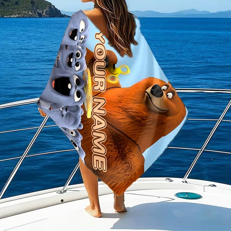 1pc Grizzy Bear Beach Towel with Custom Name, Beach/Swimming/Bath/Picnic/Camping Towel, Suitable for Seaside Beaches