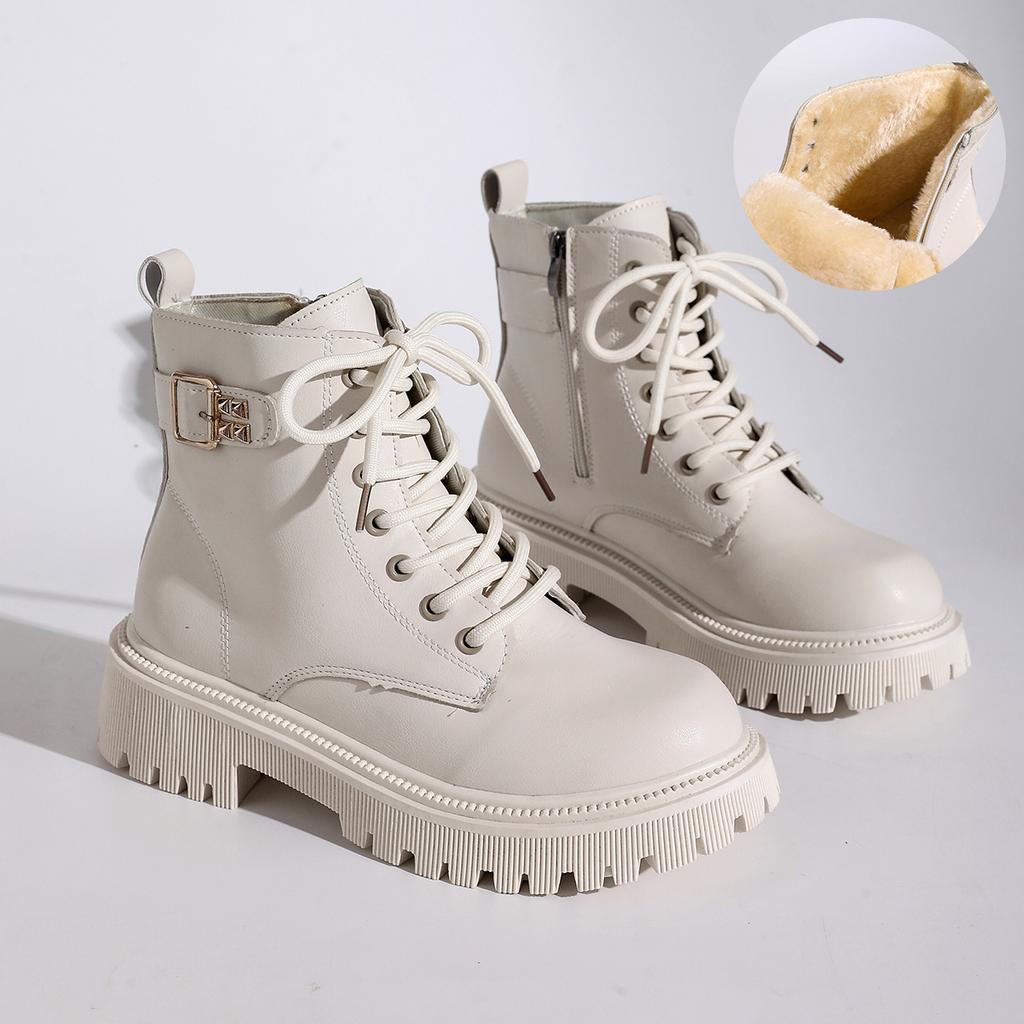 Fashion Black PU Leather Ankle Boots for Women 2025 Autumn Winter Warm Short Plush Booties Woman Fashion Buckle Platform Combat Boots