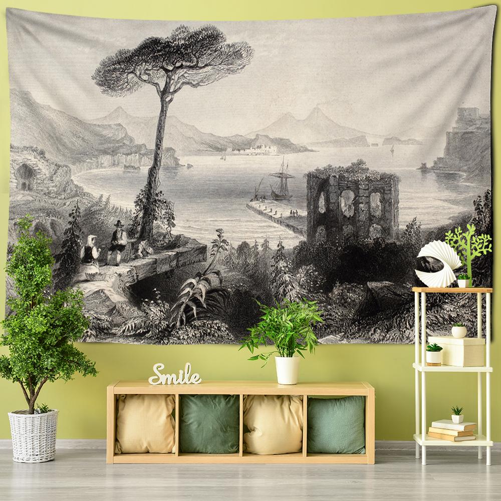 European Port Black And White Wash Painting Tapestry Wall Hanging Pine Psychedelic Bohemian Hippie Bedroom Decor