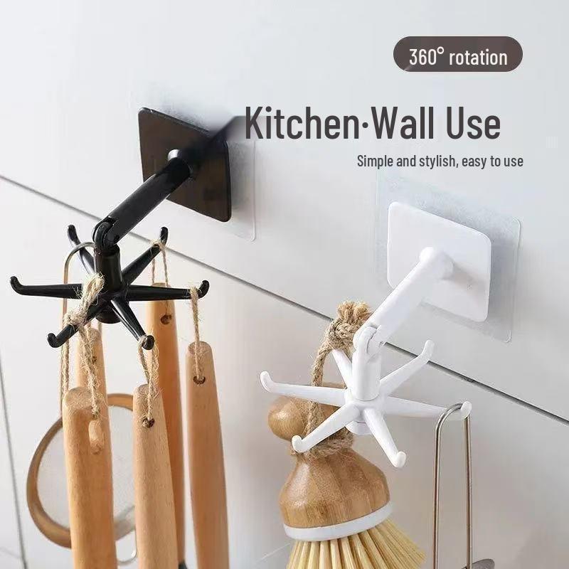 Wall-Mounted 6-Claw Rotating Hook - No-Punch Cabinet Adhesive Storage Organizer