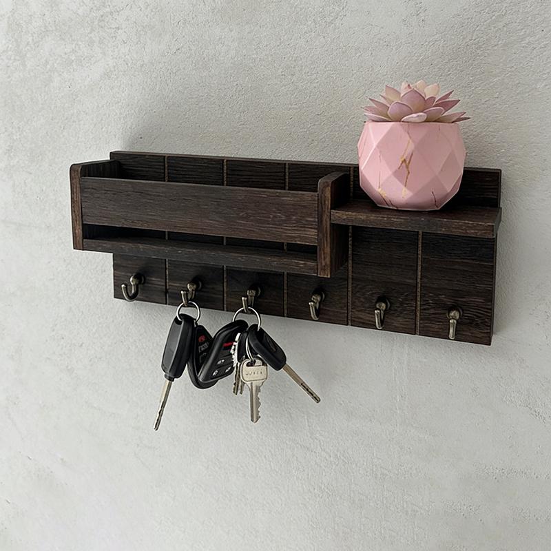Wall-Mounted Key Rack With Hooks Wooden Storage Rack For Entryway Kitchen And Living Room