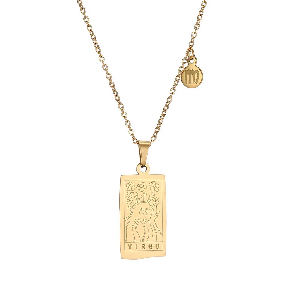 Vintage Geometric 12 Constellations Square Pendant Necklace Fashion Gold Color Metal Collar Charm Necklace Jewelry 2024 New