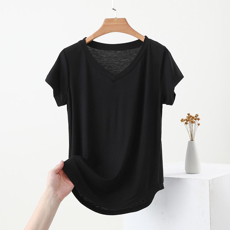 Ladies' Loose Fit Modal T-Shirt Summer V Neck Short Sleeve Solid Color Tee Top for Womens